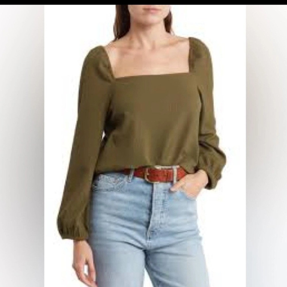 Madewell Crepe Square Neck Puff Balloon Sleeve Olive Green Top Small Romantic